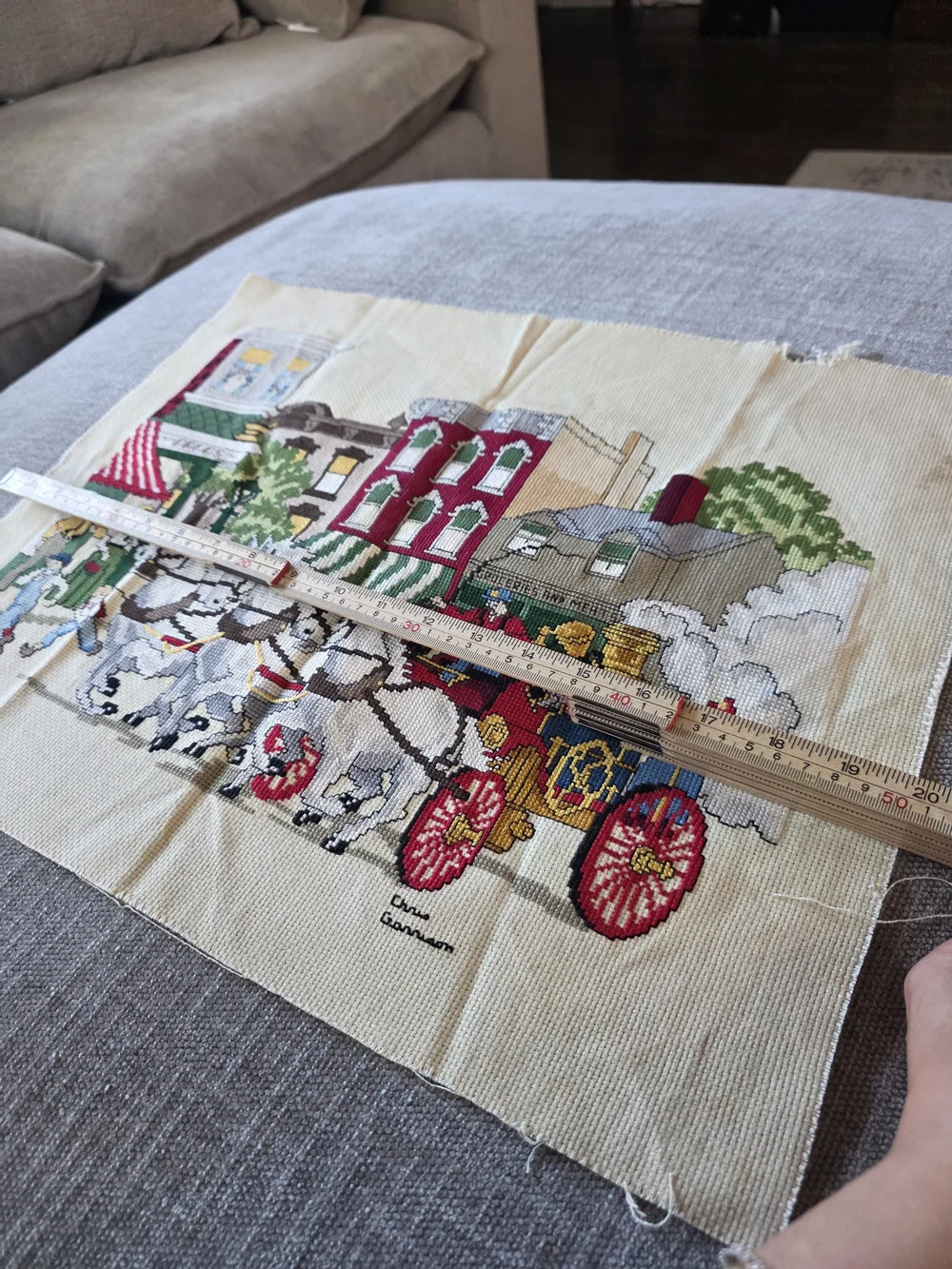 Vintage Cross Stitch Horse-Drawn Fire Wagon Scene Unframed Tapestry
